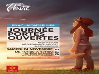 Affiche JPO Montpellier avec enfant et avion dans la main